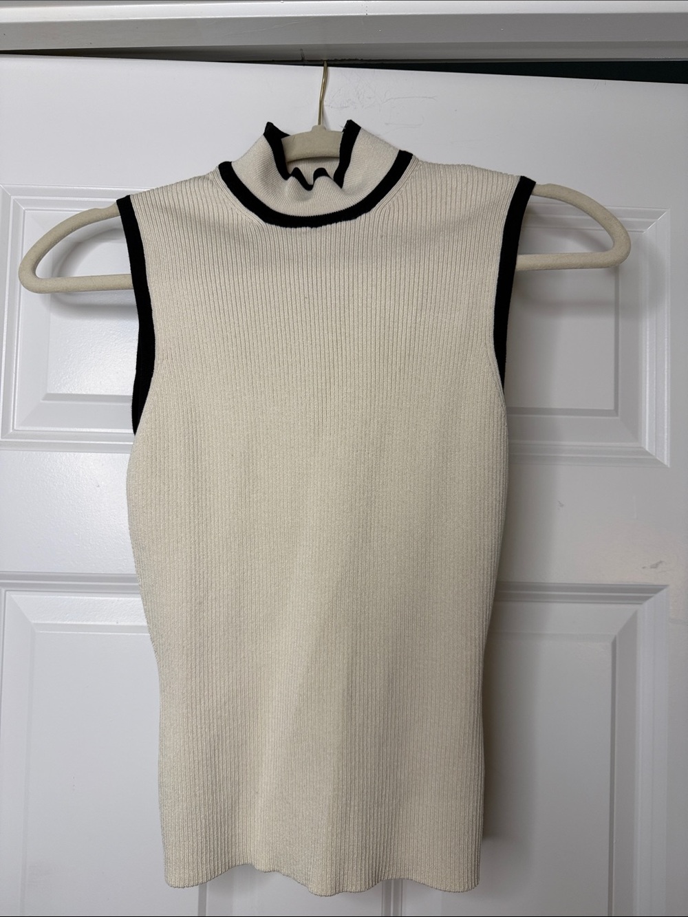 Express Cream Ribbed Sleeveless Mock Neck Tank with Black Trim